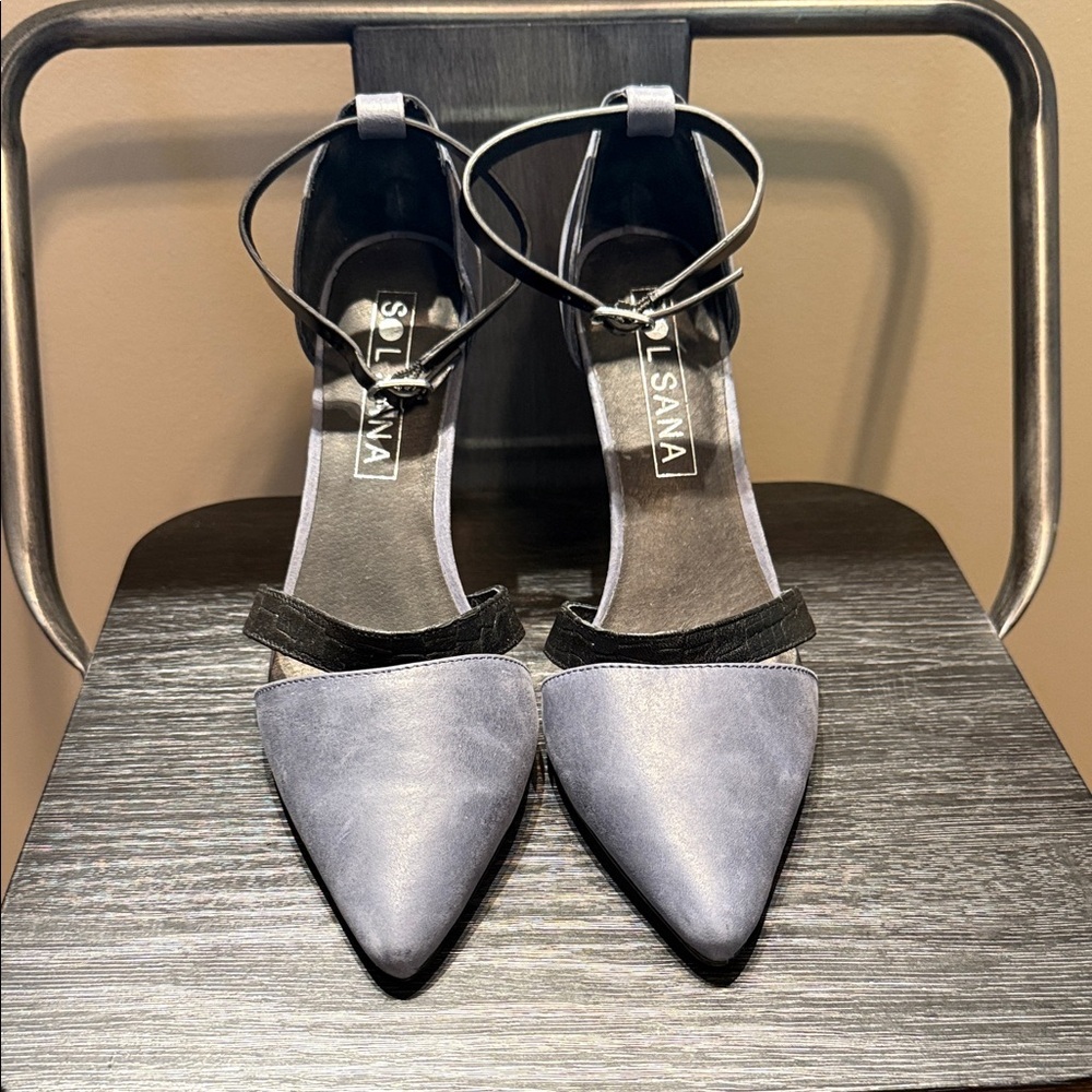 Sol Sana Pointed Toe Ankle Strap Pumps Gray Black Leather Heels Womens 37 US 7